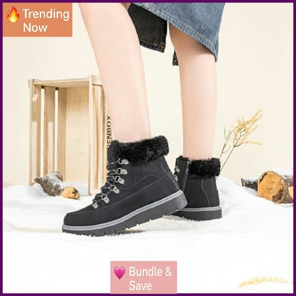 Women's Winter Ankle Boots Fur Lined Non Slip Hiking Snow Boots Zipper - Picture 7 of 8